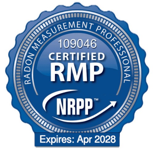 Radon measurement professional certification badge for property inspections.