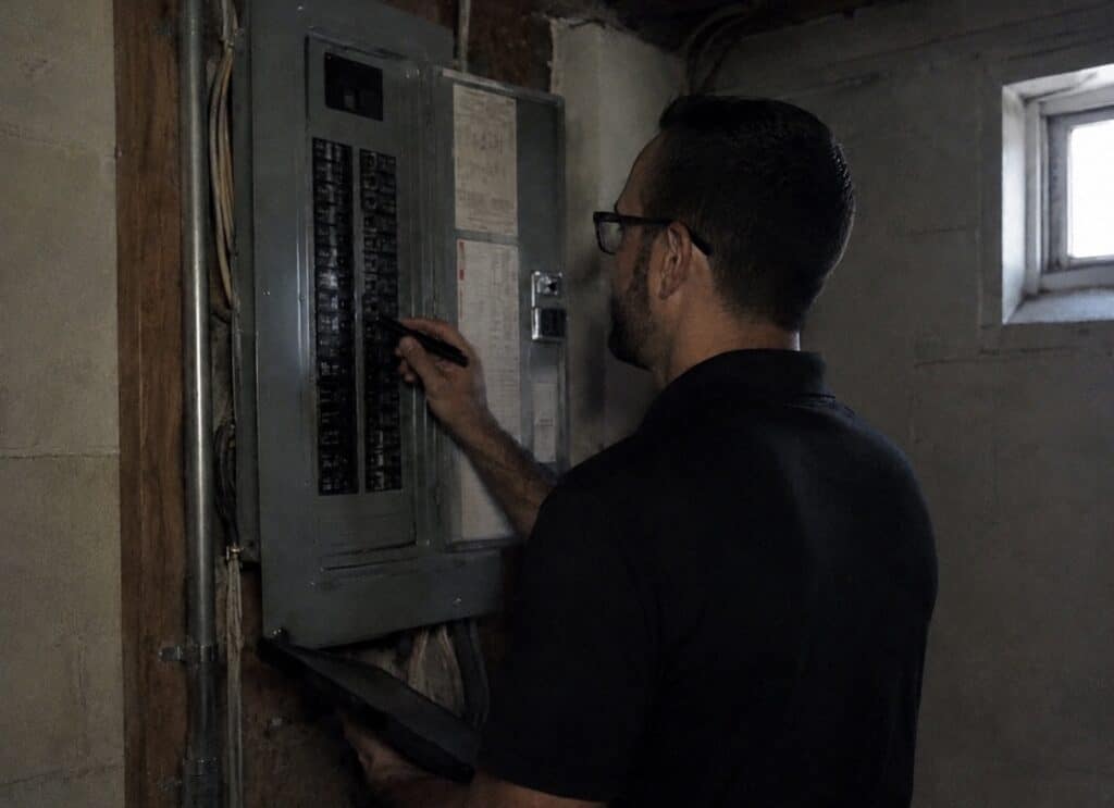 Home inspector examining circuit breakers in a residential electrical panel
