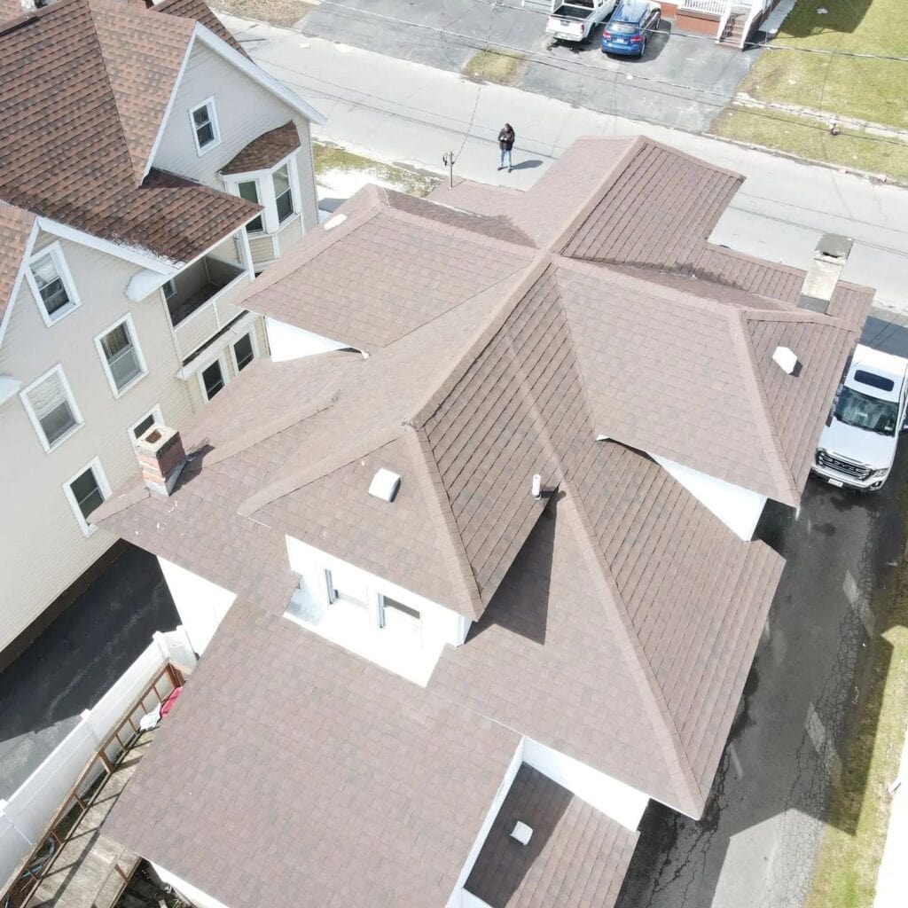 Aerial view of a residential roof evaluated during a home inspection