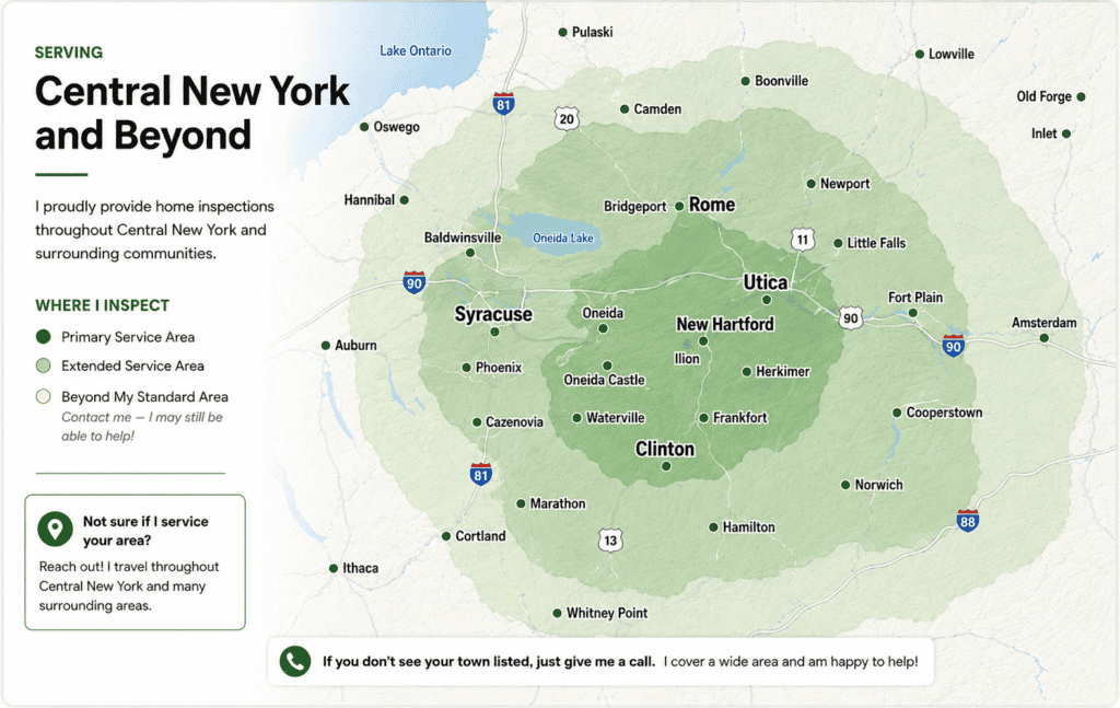 Professional Property Inspections service area map covering Utica, Syracuse, Rome, New Hartford, Clinton, Oneida, Herkimer and surrounding Central New York communities.