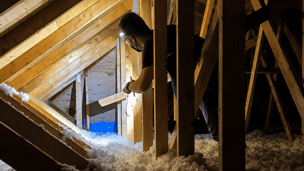 Home inspector examining the framing and insulation inside a residential attic.
